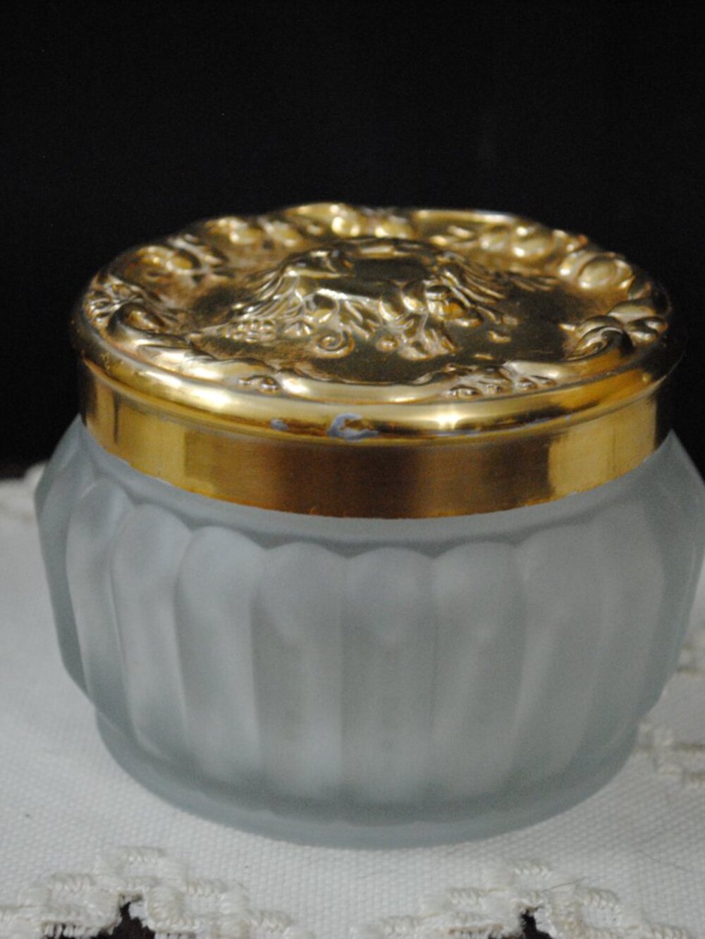 Vintage Estee Lauder Frosted Glass Powder Jar with Golden Lid 1960s-70s